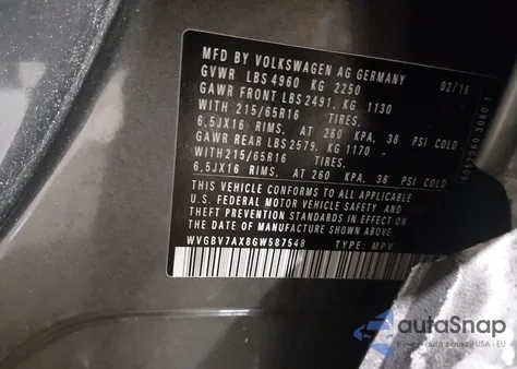 2016 Volkswagen Tiguan R-Line/S/Se/Sel from USA, damaged, VIN WVGBV7AX8GW587548